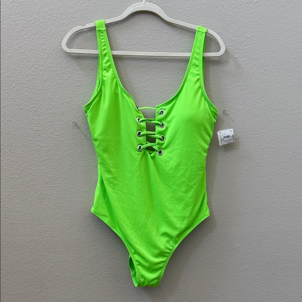 Vibrant Green Lace-Up One Piece Swimsuit